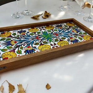Ottoman Style Wooden Tray with Turkish Ceramic Tiles