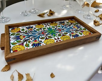 Ottoman Style Wooden Tray with Turkish Ceramic Tiles, Housewarming Gift