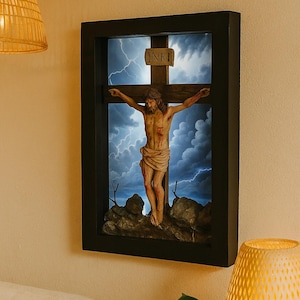 Jesus Crucifixion Scene with Light and Wooden Frame | Wooden Cross Religious Wall and Table Top Decor |Christmas Gift |Miniature Diorama Art