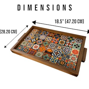 May include: A wooden serving tray with a colorful tile design. The tray measures 18.5 inches by 11.1 inches (47.20 cm by 28.20 cm).