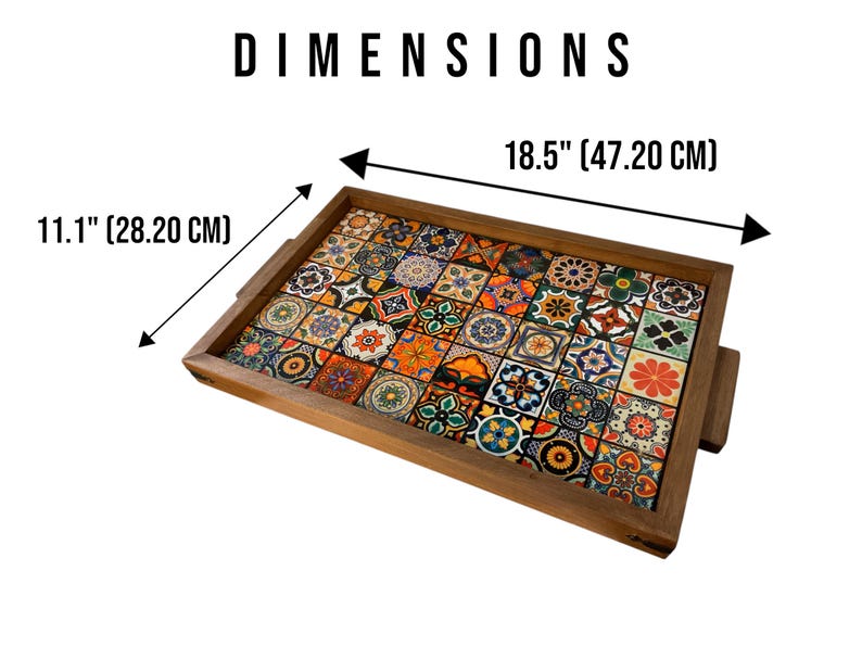 May include: A wooden serving tray with a colorful tile design. The tray measures 18.5 inches by 11.1 inches (47.20 cm by 28.20 cm).