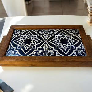 Handmade Wooden Serving Tray with Turkish Ceramic Tiles, Decorative Ottoman Tile Design, Rustic Tea and Coffee Tray-Christmas Gift