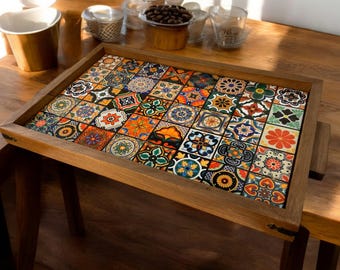 Dienblad Turkse tegels - Handgemaakt houten keukenblad met keramische tegels, housewarmingcadeau