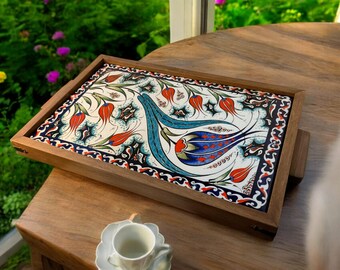 Handmade Wooden Tray with Turkish Ceramic Tile: Rustic Coffee Table Decor ,  Housewarming Gift