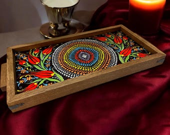 Ottoman Style Wooden Tray with Turkish Ceramic Tiles ,  Housewarming Gift
