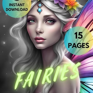 15 Fairies Coloring pages for Adults & Kids - Grayscale Coloring Book- Instant Download - Printable PDF