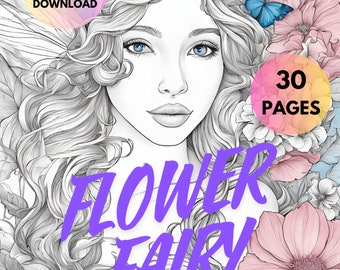 Afdrukbaar digitaal kleurboek Flower Fairies, 30 pagina's voor volwassenen en kinderen met grijstinten