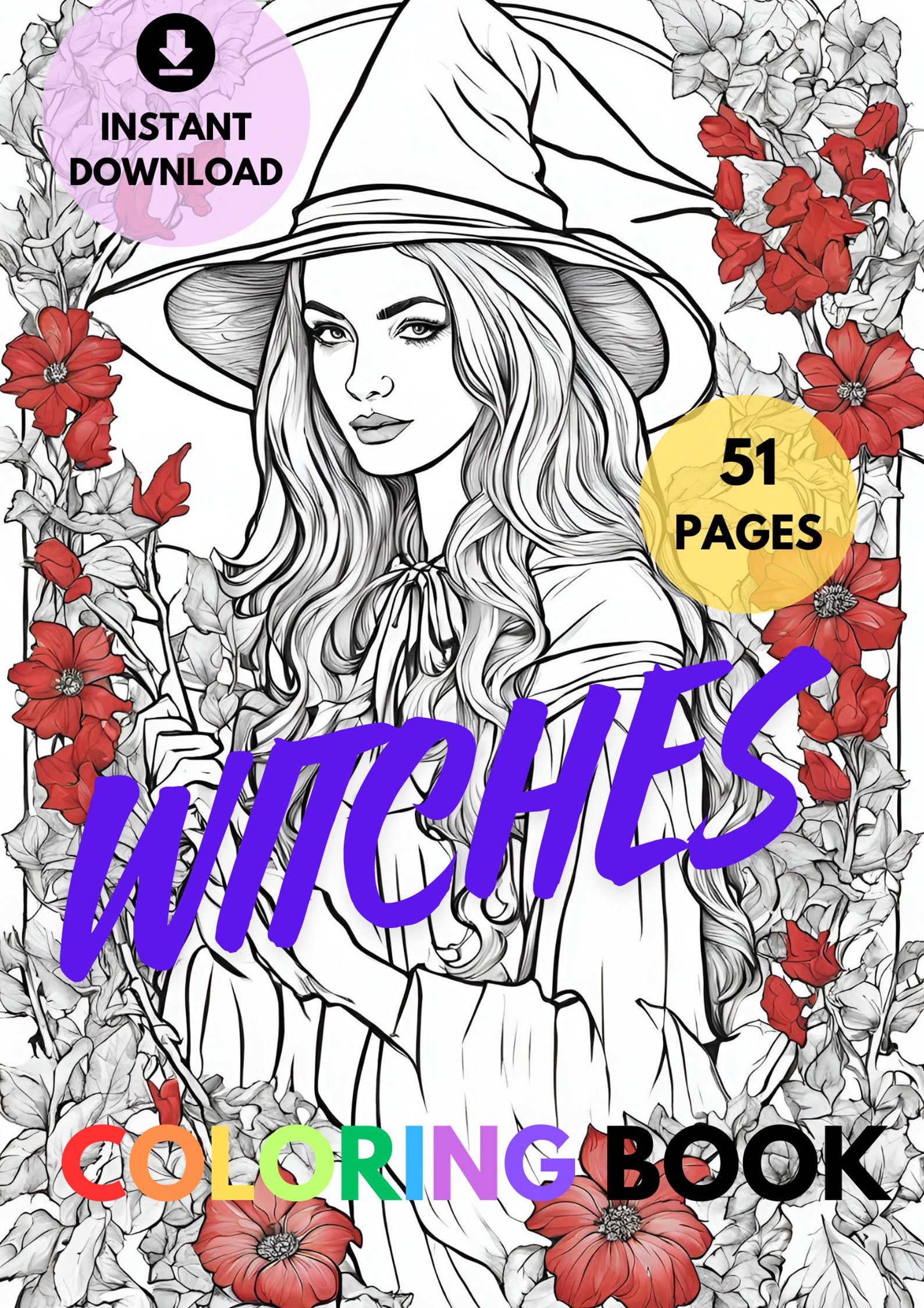 MAXI Coloring Book With WITCHES 51 Pages for Adults, Coloring Book for Adults and Kids, Floral ...
