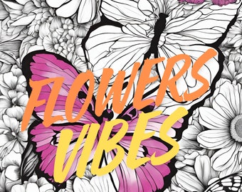 52 pagine da colorare di fiori e farfalle | Libro da colorare per adulti e bambini | Scala di grigi | Download immediato | PDF stampabile