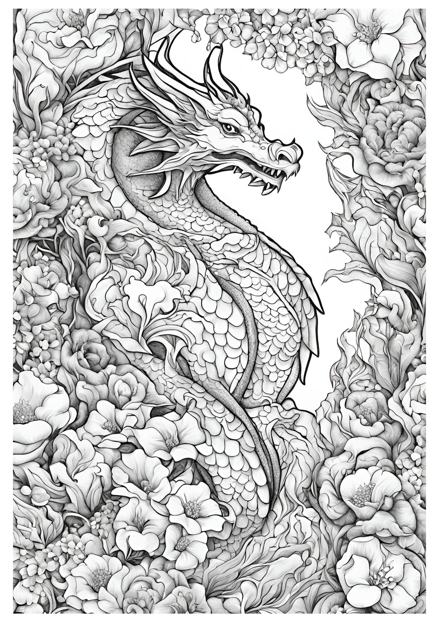 Printable Floral Dragon Coloring Book for Adults and Kids 20 Pages With ...