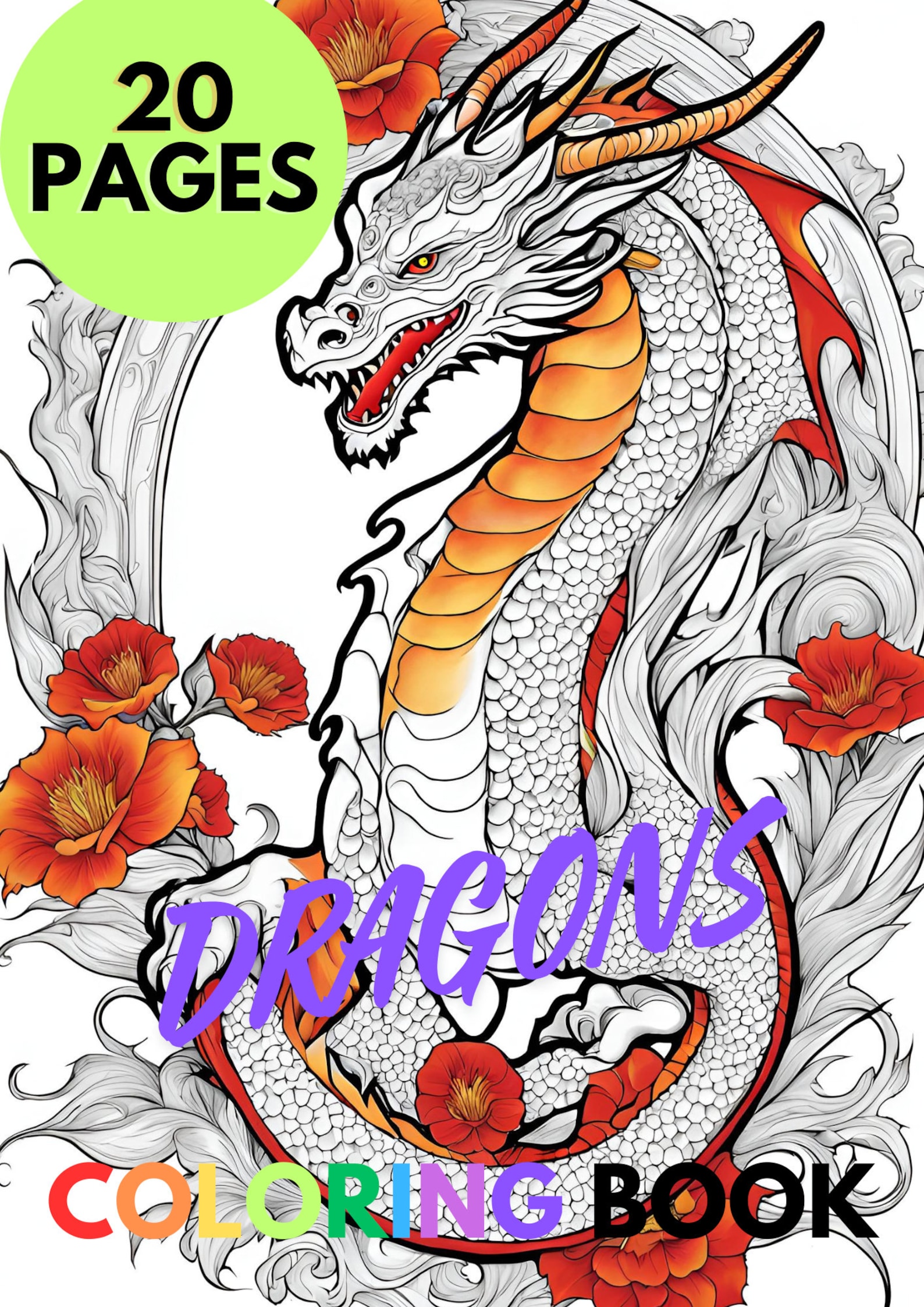 Printable Floral Dragon Coloring Book for Adults and Kids 20 Pages With ...