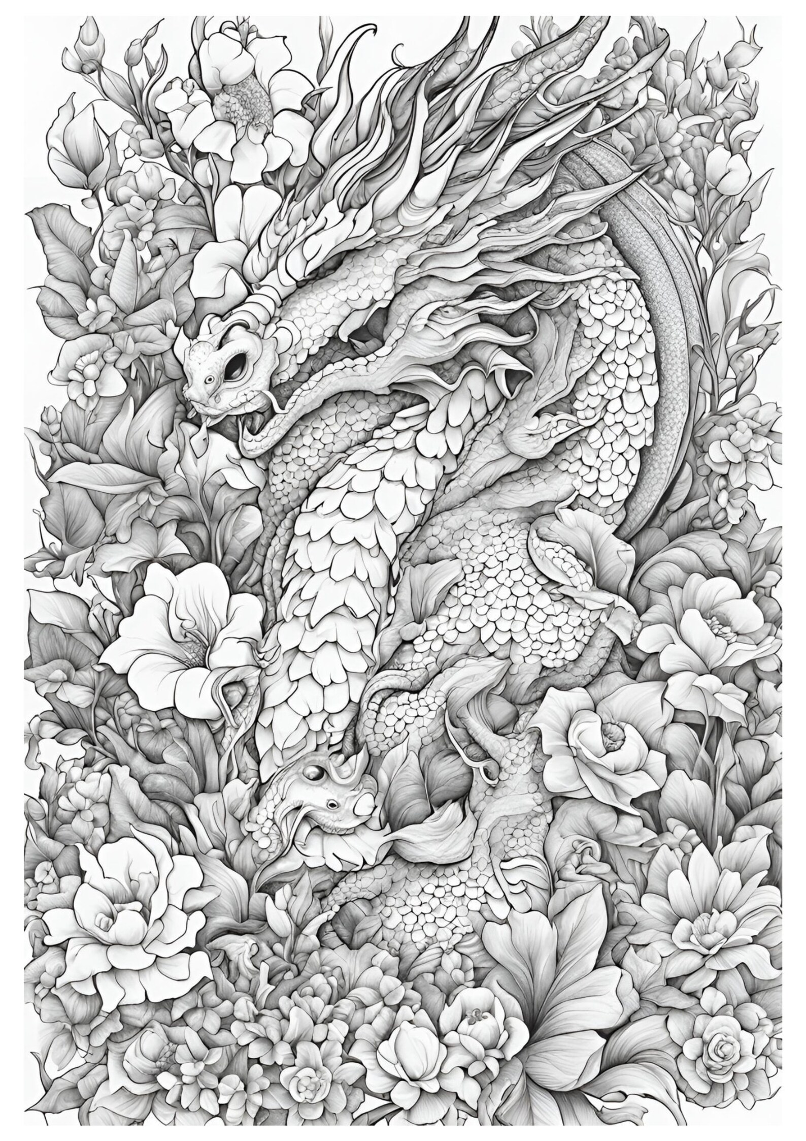Printable Floral Dragon Coloring Book for Adults and Kids 20 Pages With ...