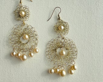 Aragon - Gold plated wire chandelier crochet earrings and vintage pearls. Statement. Elegant.