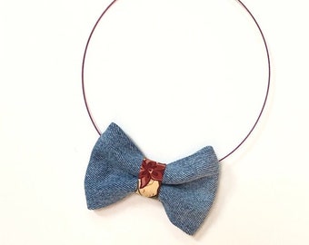 MeToo Necklace - NBowDnm6 - Bow Tie Necklace in denim jeans fabric with a red accent. Unique.