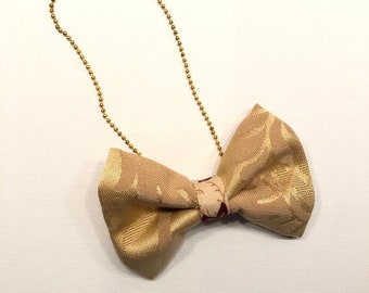 MeToo Necklace - NBowBrwn20 - Bow Tie Necklace Upholstery Fabric in beige. Unique.