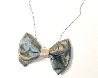 MeToo Necklace - NBowBl12 - Bow Tie Necklace Upholstery Fabric in blue and beige. Unique.