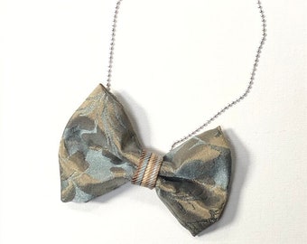 MeToo Necklace - NBowBl11 - Bow Tie Necklace Upholstery Fabric in blue and beige. Unique.