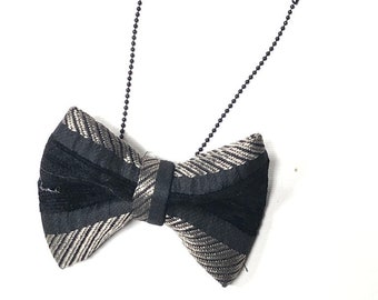 MeToo Necklace - NBowBlck2 - Bow Tie Necklace Upholstery Fabric in black and silver. Unique.