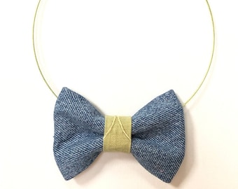 MeToo Necklace - NBowDnm2 - Bow Tie Necklace in denim jeans fabric with a green accent. Unique.