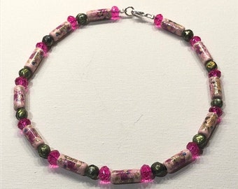 WaterLillie Choker - Vintage ceramic tubes in pink. Green pearls and hot pink glass faceted bead rondelles