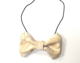 MeToo Necklace - NBowBrwn3 - Bow Tie Necklace Upholstery Fabric in beige. Unique.