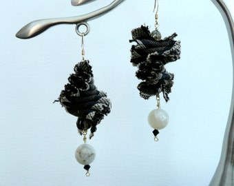 Ragged Blacktan - Unique dangling earrings with fabric and moonstone beads.