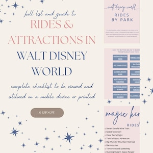 May include: A printable checklist of rides and attractions at Walt Disney World. The checklist is divided into sections for each park, including Magic Kingdom, Epcot, Hollywood Studios, and Animal Kingdom. The checklist includes a list of rides, shows, dining, and other attractions. The checklist is designed to be viewed and utilized on a mobile device or printed.