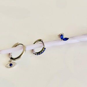 EVIL EYE, Cubic Zirkonia Huggie Creolen, 3er Set für ein Ohr, Frauen Creolen, 18K vergoldet, Knorpel Piercing, Geschenke für sie