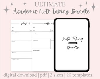 Peut inclure: Un ensemble numérique pour la prise de notes académiques. L'image présente une tablette avec les mots "Note Taking Bundle" et une icône de crayon. Le texte "ULTIMATE Academic Note Taking Bundle" est en haut. Le texte en bas indique "digital download | pdf | 2 sizes | 26 templates".
