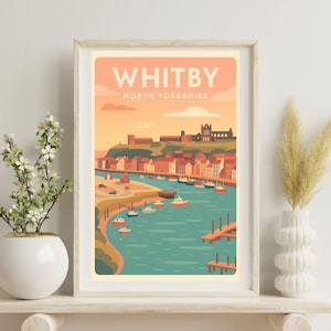 Whitby Poster | Retro Seaside Travel Print | North Yorkshire Coastal Wall Art | Vintage Art Deco Style Poster | Pastel Sunset Illustration