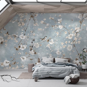 Elegant Blue Floral and Bird Wallpaper, Peel and Stick, Vinyl Wallpaper