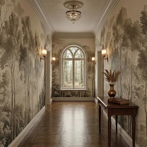 May include: A long hallway with walls decorated with a sepia-toned forest mural. The hallway has a wooden floor, a small table with a vase and book, and a window at the end. The ceiling has a decorative light fitting.