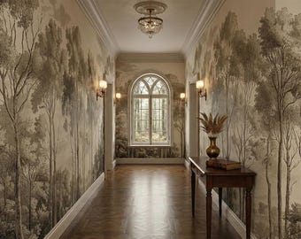 May include: A long hallway with walls adorned with a sepia-toned forest mural. The hallway features a wooden floor, a small table with a vase and book, and a window at the end. The ceiling has a decorative light fixture.