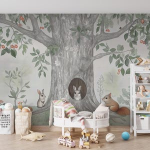 Woodland Animal Nursery Wallpaper - Tree and Forest Friends Mural for Kids Room, Non Woven Wallpaper, Canvas Wallpaper ,Peel&stick Wallpaper
