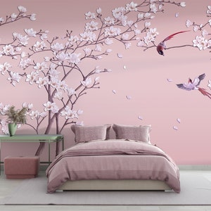 Pink Floral and Bird Wallpaper Rular Wallpaper, Peel and Stick, Vinyl Wallpaper