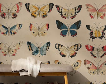 May include: A beige wall with a wallpaper pattern of colorful butterflies. A wooden bench with a gray cushion and a shelf underneath is in front of the wall. Two white sneakers are on the shelf.