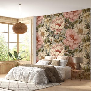 Carta da parati floreale vintage - Romantico motivo di peonie e margherite in toni pastello Design elegante, carta da parati staccabile e adesiva, carta da parati rimovibile
