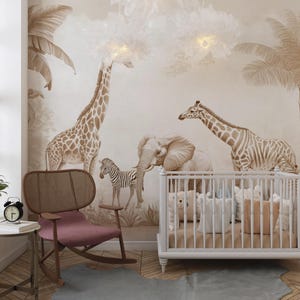 Carta da parati murale con animali della savana, ideale per camerette neutre, autoadesiva, disponibile in dimensioni personalizzate. immagine 4