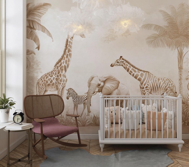 Carta da parati murale con animali della savana, ideale per camerette neutre, autoadesiva, disponibile in dimensioni personalizzate. immagine 4