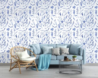 Blue Floral Peel and Stick Wallpaper - Vintage Chic Vinyl Decor
