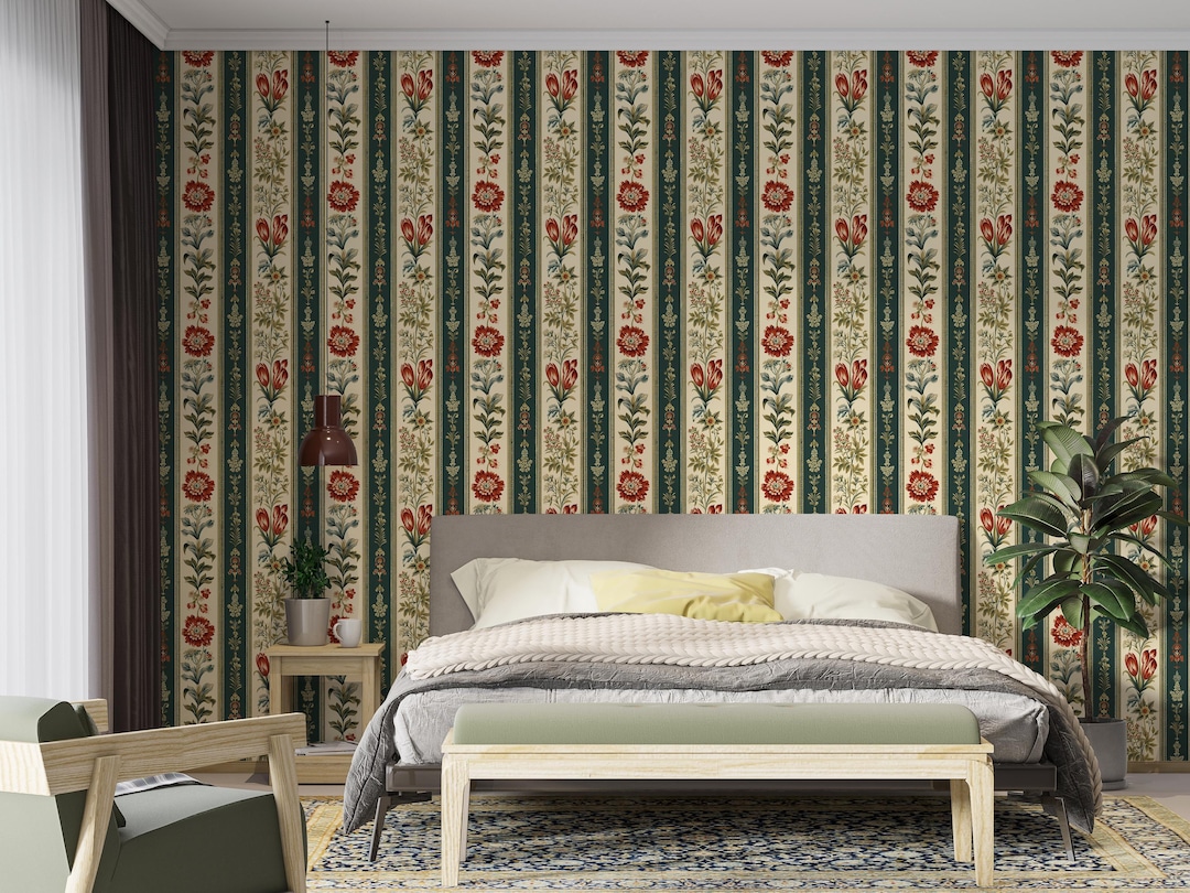 Vintage Floral Striped Wallpaper - Green & Red Botanical Peel and Stick ...