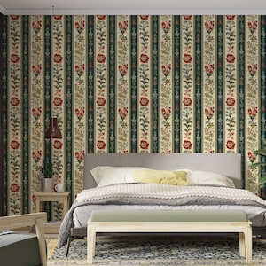 Carta da parati a righe floreali vintage - Carta da parati botanica verde e rossa, carta da parati staccabile e adesiva, carta da parati non tessuta