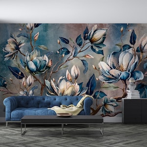Elegant Floral Mural - Blue and Gold Magnolia Blossom Wallpaper, Peel and Stick Wallpaper, Removable Wallpaper