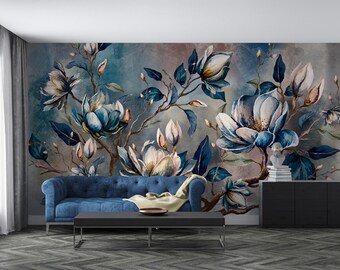 Blue and Gold Magnolia Floral Mural - Peel and Stick Wallpaper