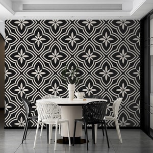 Carta da parati in bianco e nero con motivi floreali geometrici: carta da parati decorativa moderna ed elegante, carta da parati stacca e incolla, carta da parati in vinile