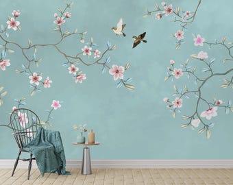 Kirschblüten Vögel Tapete: Asiatisches Blumen Wandbild, Schälen und Aufkleben