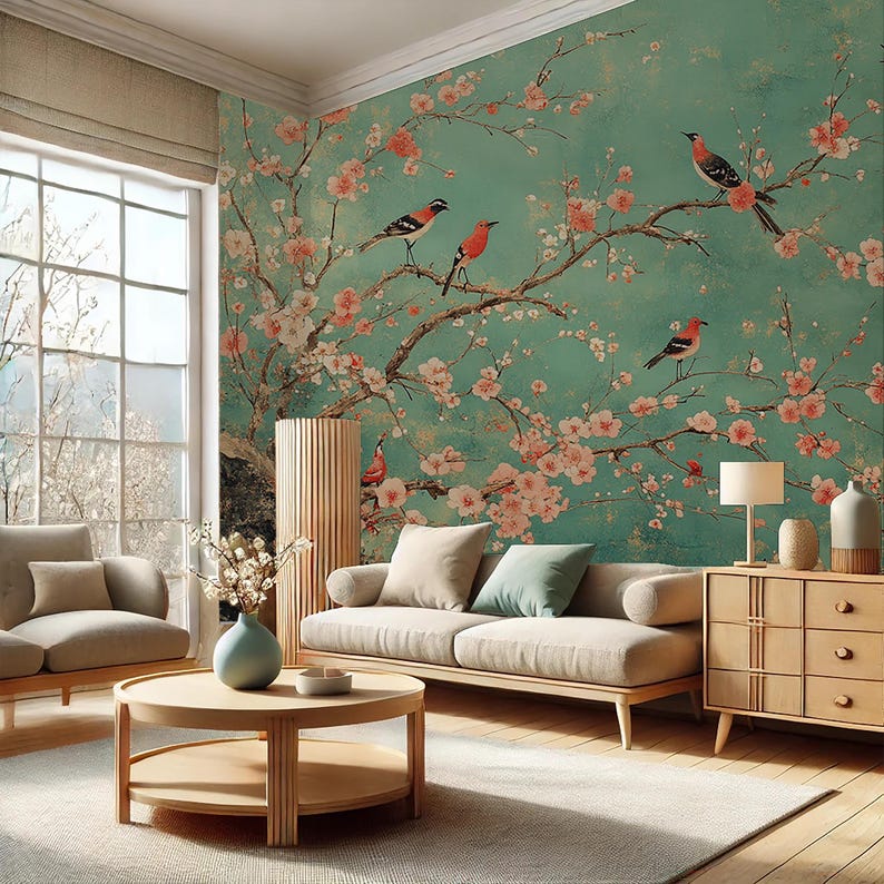 Chinoiserie Cherry Blossom Wallpaper: Vintage Red Birds Wall Mural - Etsy