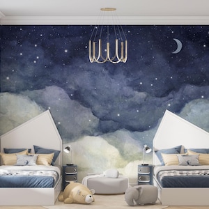 Dreamy Night Watercolor Wallpaper for Kids Room - Moon and Stars Mural - Peel and Stick Wallpaper -Removable Wallpaper
