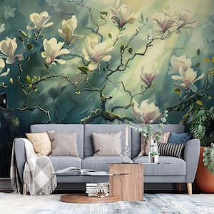 Elegant Magnolia Flower Wallpaper Mural - Floral Wall Art for Living Room, Bedroom Peel and Stick, Vinyl Wallpaper