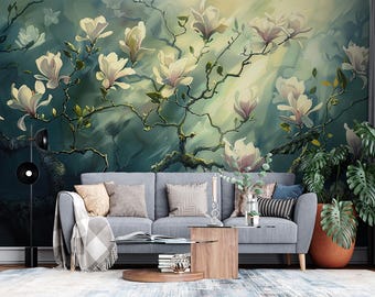 Magnolia Flower Wallpaper Mural: Elegant Floral Peel and Stick Vinyl
